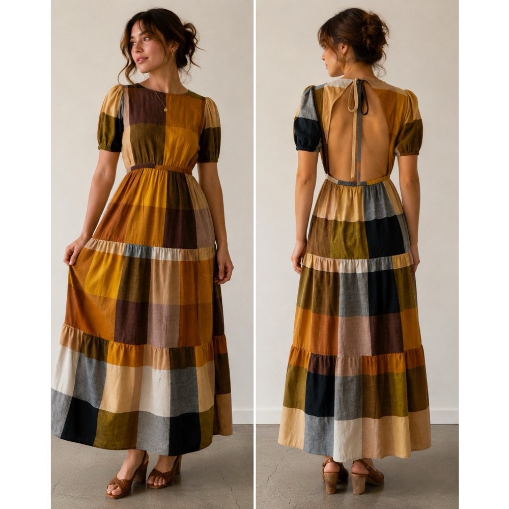 Rujuta Sheth Gema Tiered Maxi Dress XL Puff Sleeves Open Back Marni Chex Print
